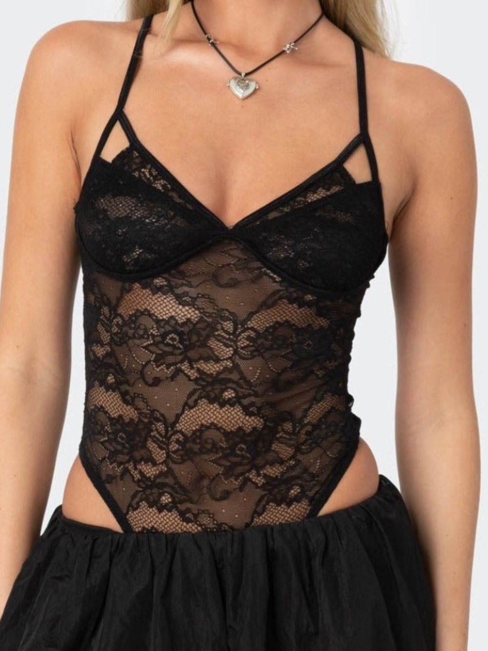 Edikted Black Sheer Lace Strappy Bodysuit